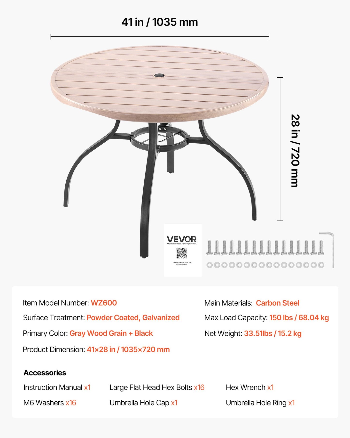 Matbord för utomhusbruk, 103 cm runt träliknande stålribbor för bistrosoffbord för 4 personer, med 38 mm paraplyhål, stora utomhusmöbler i alla väder för gräsmatta/veranda, grå