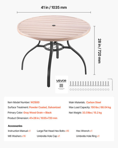 Matbord för utomhusbruk, 103 cm runt träliknande stålribbor för bistrosoffbord för 4 personer, med 38 mm paraplyhål, stora utomhusmöbler i alla väder för gräsmatta/veranda, grå