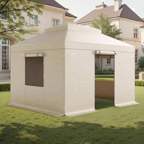 Vinterpaviljongöverdrag passar 3,05 x 3,65 m paviljonger med hård tak, allväderspaviljongöverdrag i dubbla nivåer med sidoväggar och fönster, högdensitets PE-förvaringsskydd, paviljonger ingår ej