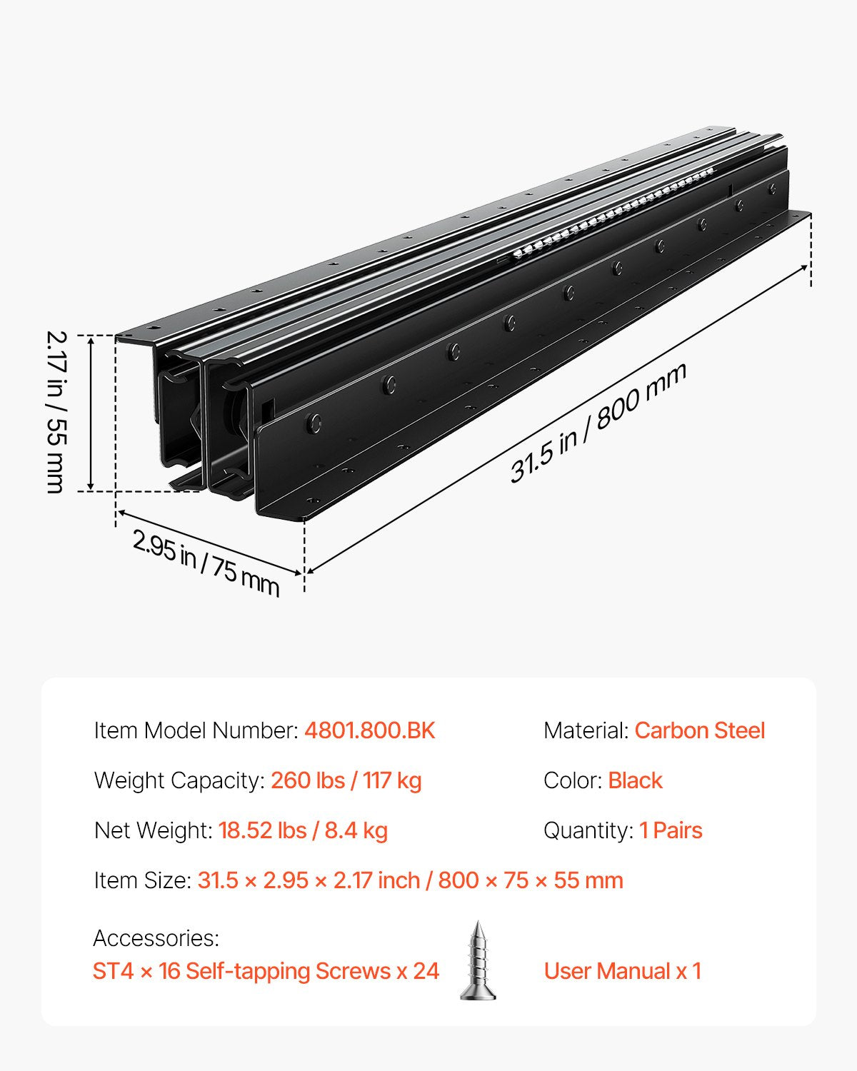 Undermonterade lådskenor, 32 tum, fullt utdragbara kullagerskenor för skåp under trappan, 260 LB lastkapacitet kraftiga skåpsskenor för bottentrappan, för gör-det-själv-byte, svart