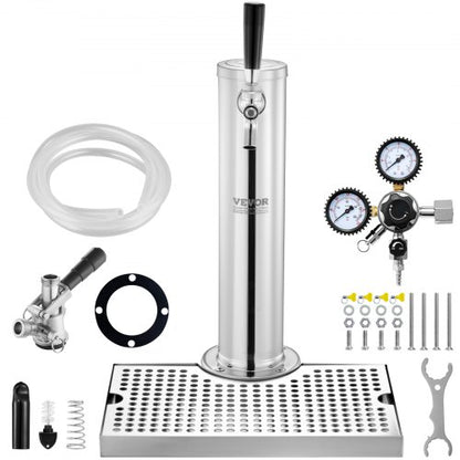 Kegerator Tower Kit, konverteringskit för öl med en tapp, öltornsdispenser i rostfritt stål med dubbel mätare, W21.8-regulator och S-System-fatkoppling, droppbricka för öl för fester och hem.