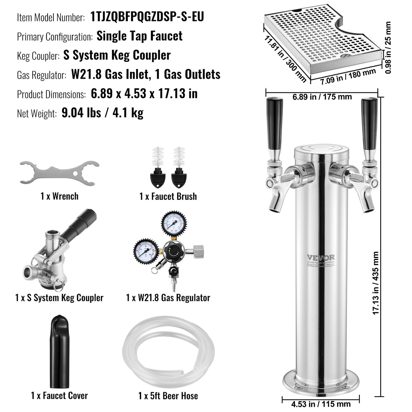 Kegerator Tower Kit, konverteringskit för öl med en tapp, öltornsdispenser i rostfritt stål med dubbel mätare, W21.8-regulator och S-System-fatkoppling, droppbricka för öl för fester och hem.