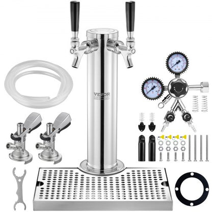 Kegerator Tower Kit, ölkonverteringskit med dubbla kranar, öltornsdispenser i rostfritt stål med dubbel mätare, W21.8-regulator och A-System-fatkoppling, droppbricka för öl för fester och hem.