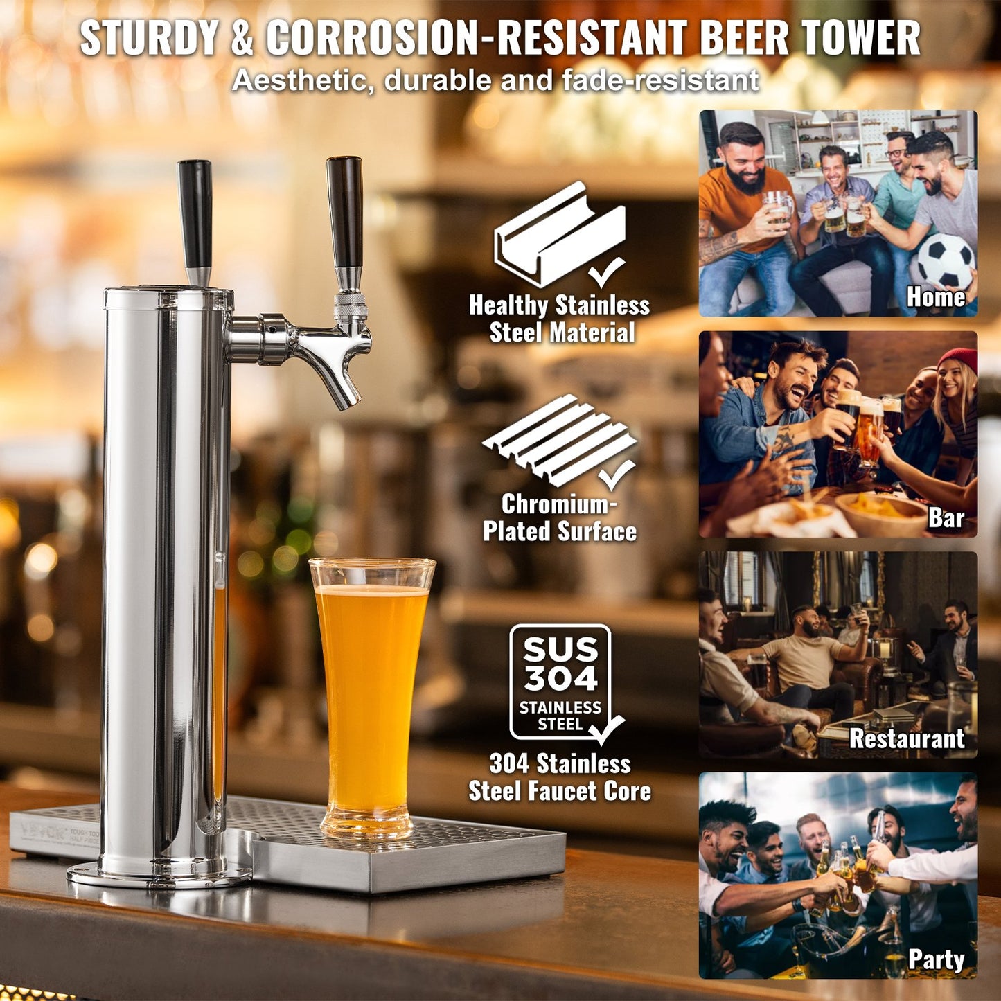 Kegerator Tower Kit, ölkonverteringskit med dubbla kranar, öltornsdispenser i rostfritt stål med dubbel mätare, W21.8-regulator och A-System-fatkoppling, droppbricka för öl för fester och hem.
