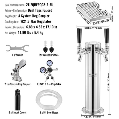 Kegerator Tower Kit, ölkonverteringskit med dubbla kranar, öltornsdispenser i rostfritt stål med dubbel mätare, W21.8-regulator och A-System-fatkoppling, droppbricka för öl för fester och hem.