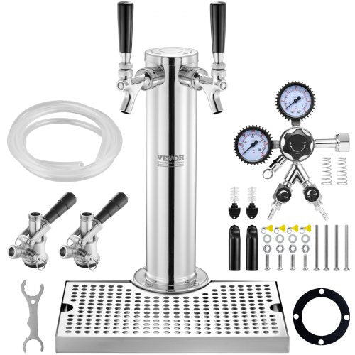 Kegerator Tower Kit, ölkonverteringskit med dubbla kranar, öltornsdispenser i rostfritt stål med dubbel mätare, W21.8-regulator och S-System-fatkoppling, droppbricka för öl för fester och hem.