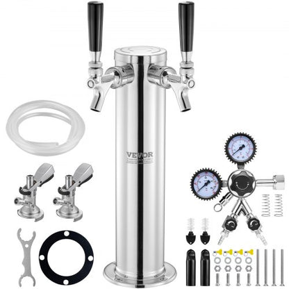 Kegerator Tower Kit, ölkonverteringskit med dubbla kranar, öltornsdispenser i rostfritt stål med dubbel mätare, W21.8-regulator och A-System-fatkoppling, droppbricka för öl för fester och hem.