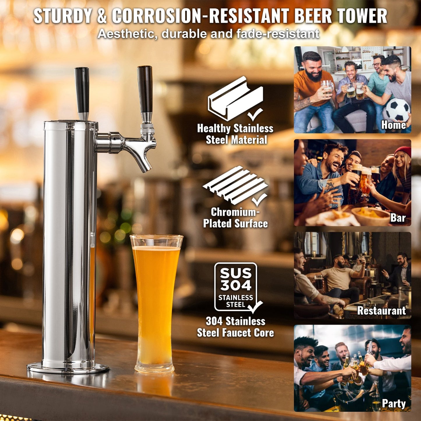 Kegerator Tower Kit, ölkonverteringskit med dubbla kranar, öltornsdispenser i rostfritt stål med dubbel mätare, W21.8-regulator och A-System-fatkoppling, droppbricka för öl för fester och hem.