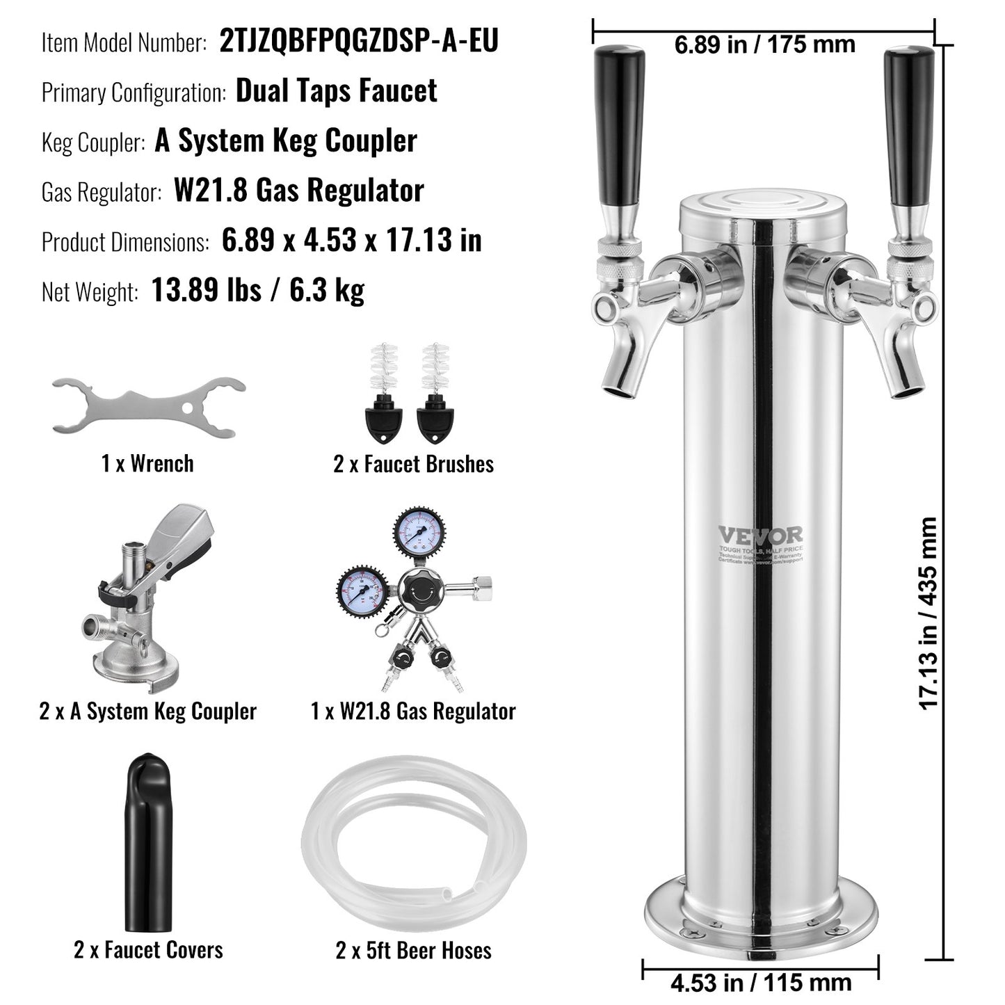 Kegerator Tower Kit, ölkonverteringskit med dubbla kranar, öltornsdispenser i rostfritt stål med dubbel mätare, W21.8-regulator och A-System-fatkoppling, droppbricka för öl för fester och hem.