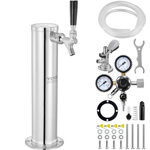 Kegerator Tower Kit, konverteringskit för öl med en tapp, öltornsdispenser i rostfritt stål med dubbel mätare, W21.8-regulator och A-System-fatkoppling, droppbricka för öl för fester och hem.