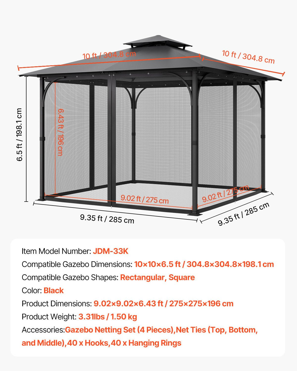 Nät för paviljonger, passar de flesta 10 x 10 x 6,5 fot paviljonggardiner, trädgårdsnät med 4 paneler på sidoväggarna, myggnät för uteplats med dubbel dragkedja, skärm för tak (endast nät)
