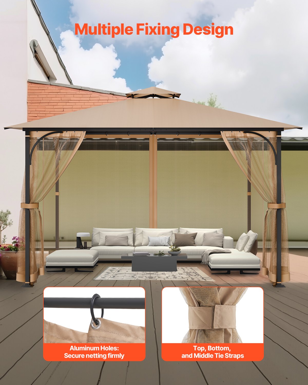 Nät för paviljonger, passar de flesta 10 x 12 x 7,3 fot paviljonger, nät för utomhusträdgård, nätgardin för paviljonger med 4 paneler på sidoväggar, myggnät för uteplats med dubbel dragkedja, skärm (endast nät)