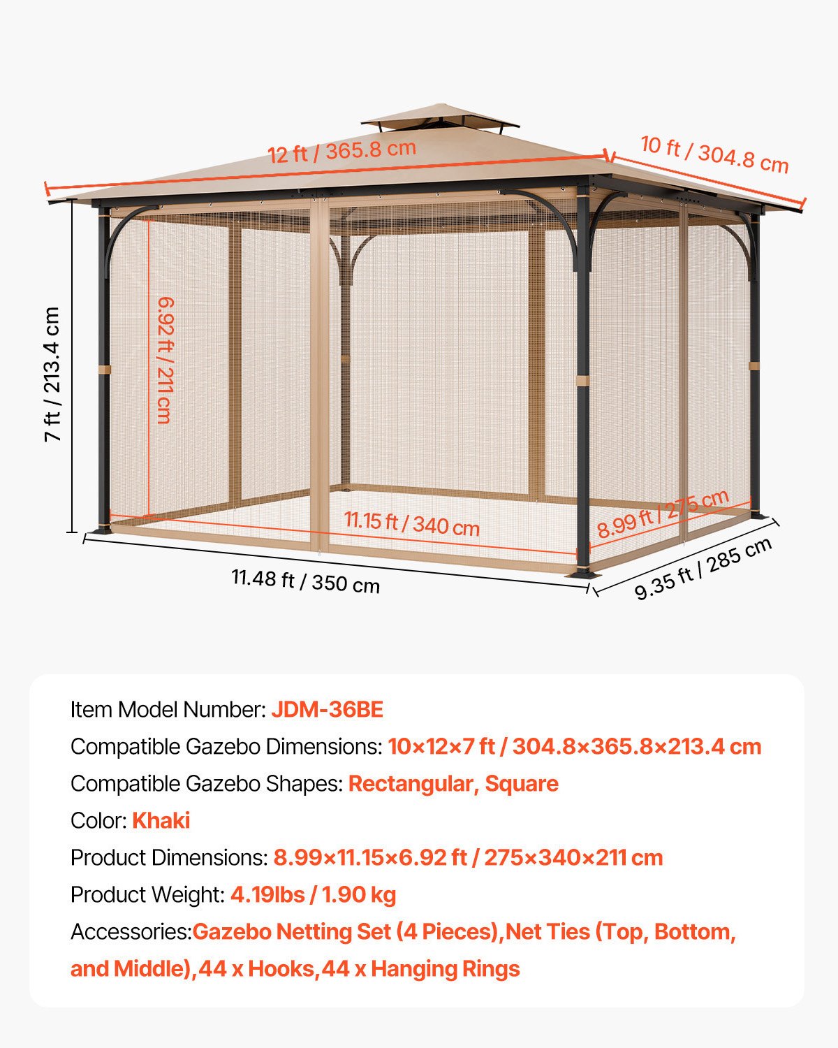 Gazebo Netting Replacement, Fit Most 10 x 12 x 7 FT Gazebo Curtain, Outdoor Garden Net, 4-Panel Sidewall Mesh Net, Patio Midge Netting with Double Zipper, Canopy Screen (Netting Only)