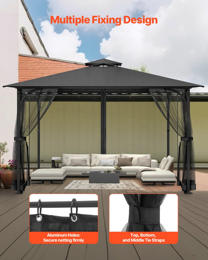 Nät för paviljonger, passar de flesta 10 x 13 x 6,8 fot paviljonggardiner, trädgårdsnät med 4 paneler på sidoväggarna, myggnät för uteplats med dubbel dragkedja, skärm för tak (endast nät)
