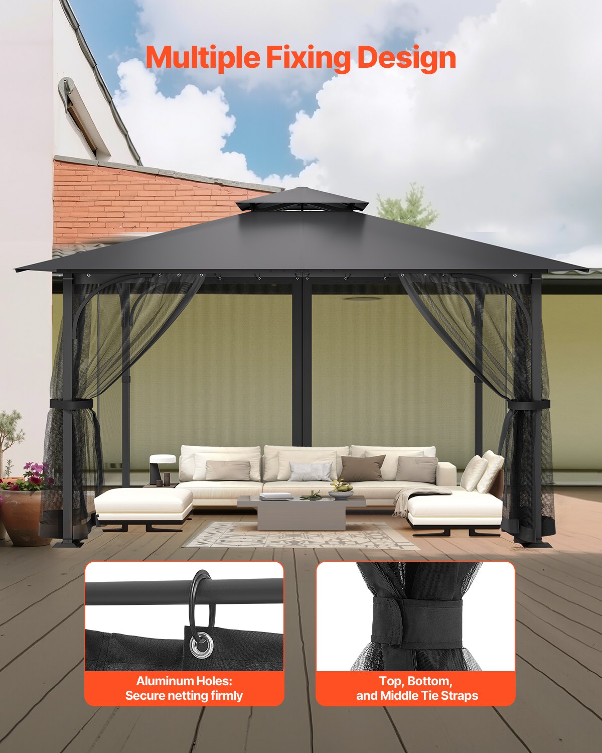 Nät för paviljonger, passar de flesta 12 x 12 x 7,5 fot paviljonggardiner, trädgårdsnät med 4 paneler på sidoväggarna, myggnät för uteplatser med dubbel dragkedja, skärm för tak (endast nät)