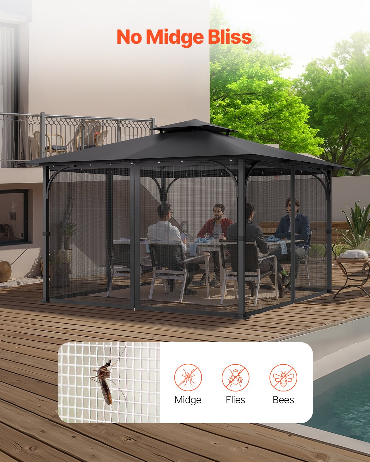 Nät för paviljonger, passar de flesta 12 x 12 x 7,5 fot paviljonggardiner, trädgårdsnät med 4 paneler på sidoväggarna, myggnät för uteplatser med dubbel dragkedja, skärm för tak (endast nät)