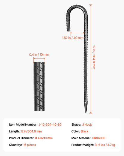 304,8 mm / 12-Inch 16 Pack Rebar Stakes Heavy Duty J Hook Galvanized Ground Anchors