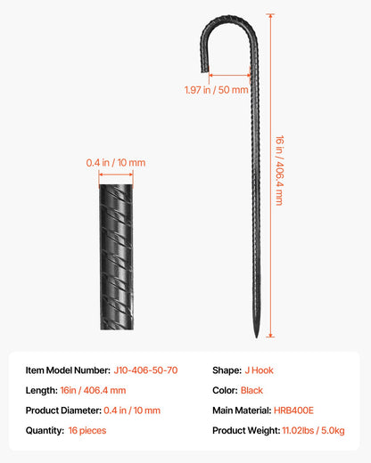 Armeringsstöttor, 406,4 mm / 16 tum, kraftiga J-krokar med 0,4 tums diameter, jordankare i galvaniserat stål med mejselspets och rostbeständig beläggning, för trädgårdsstöd, staket, campingtält (16-pack)