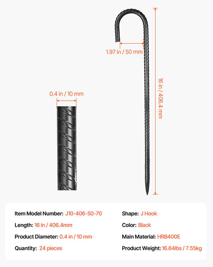 406,4 mm / 16 tum 24-pack armeringsstöttor Kraftiga J-krokar Galvaniserade markankare