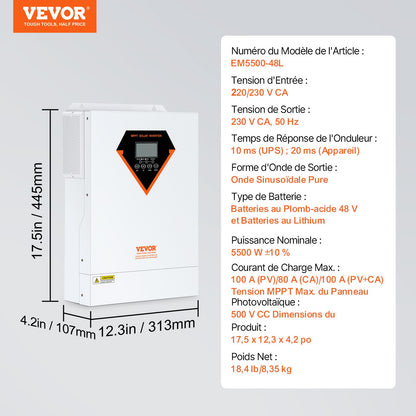 Hybrid solväxelriktare, 5500W, ren sinusvågsladdare för off-grid-växelriktare, 230V AC allt-i-ett-växelriktare med inbyggd 100A MPPT solladdningsregulator, stöd för hybridladdning av solenergi.