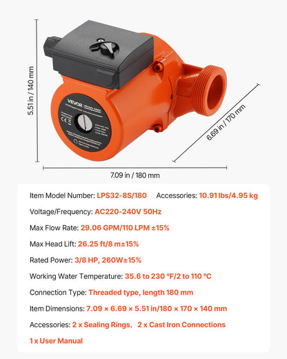 LPS32-8S/180 Gjutjärnscirkulationspump, 3/8 hk, 220-240V 110 l/min varmvattencirkulationspump, gängad anslutning, 3-växlad justering, tyst drift, för värmesystem i hemmet