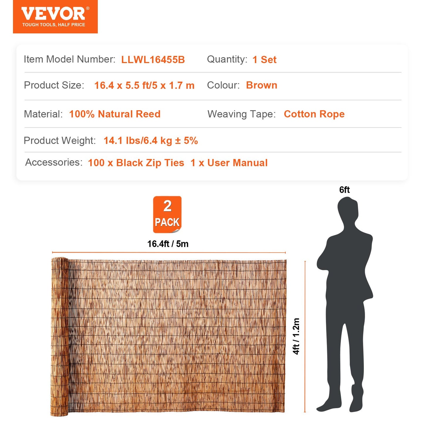 Naturligt vassstaket, 1,2 m x 5,6 m, 2-pack vassskärmgardiner balkongvassstaket i rulle för utomhusbruk bakgård uteplats, dekorativt staket för bakgård trädgårdsstaket avdelare, insynsskyddspanel, brun