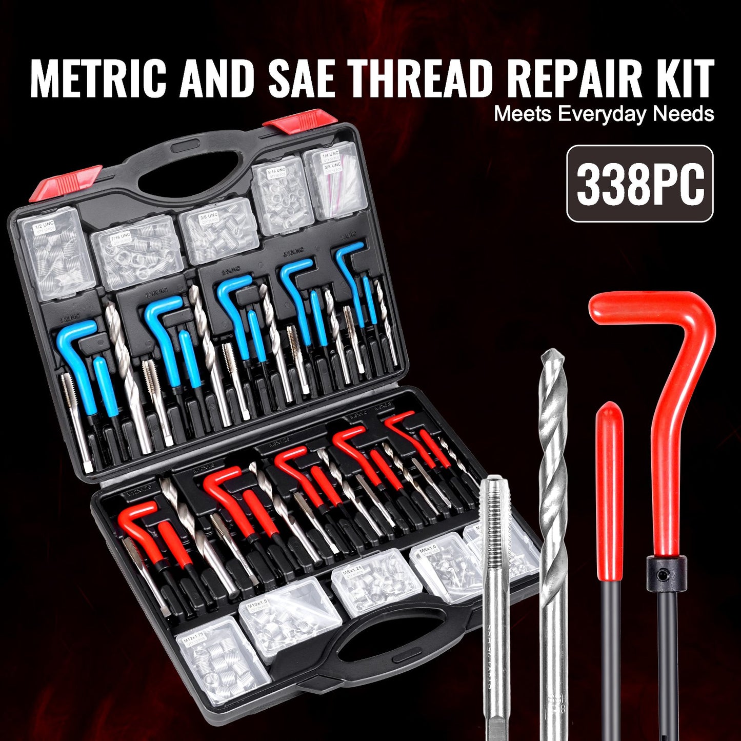 Helicoil-gängreparationssats, 338-delars SAE- och metriska gängverktygssats, M5, M6, M8, M10, M12, 1/4", 5/16", 3/8", 7/16", 1/2", HSS-borr, gänginsatser, gängtappar, avbrytningsverktyg