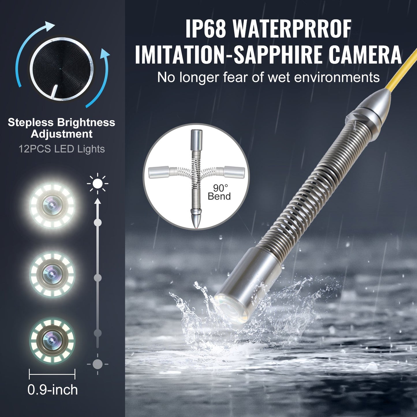 Avloppskamera med 512Hz-lokalisering, 50 m, 9" avloppsinspektionskamera med självnivellering, 36X zoom, VVS-kamera med lampor - 12 LED-lampor, 32 GB-kort, IP68 vattentät ormkamera för kanalrör