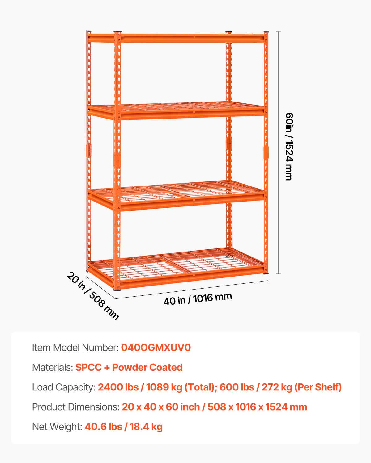 Förvaringshyllor, 2400 lbs, 4-våningars kraftiga garagehyllor, 20" D x 40" B x 60" H Justerbara metallhyllor för industriella hyllenheter, verktygshylla, för kök, lager, källare, orange