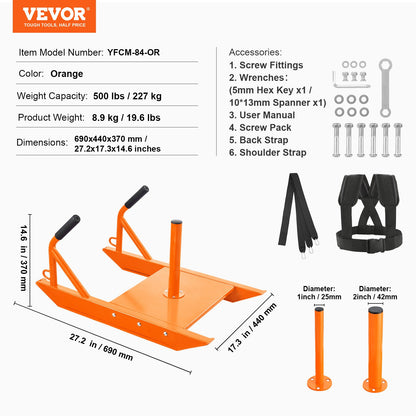 Styrketräningspulka, Fitnessstyrka och snabbhetsträning med handtag, Stålkulka för träning och hastighetsförbättring, Lämplig för 2,5 cm och 5 cm viktskiva, Orange