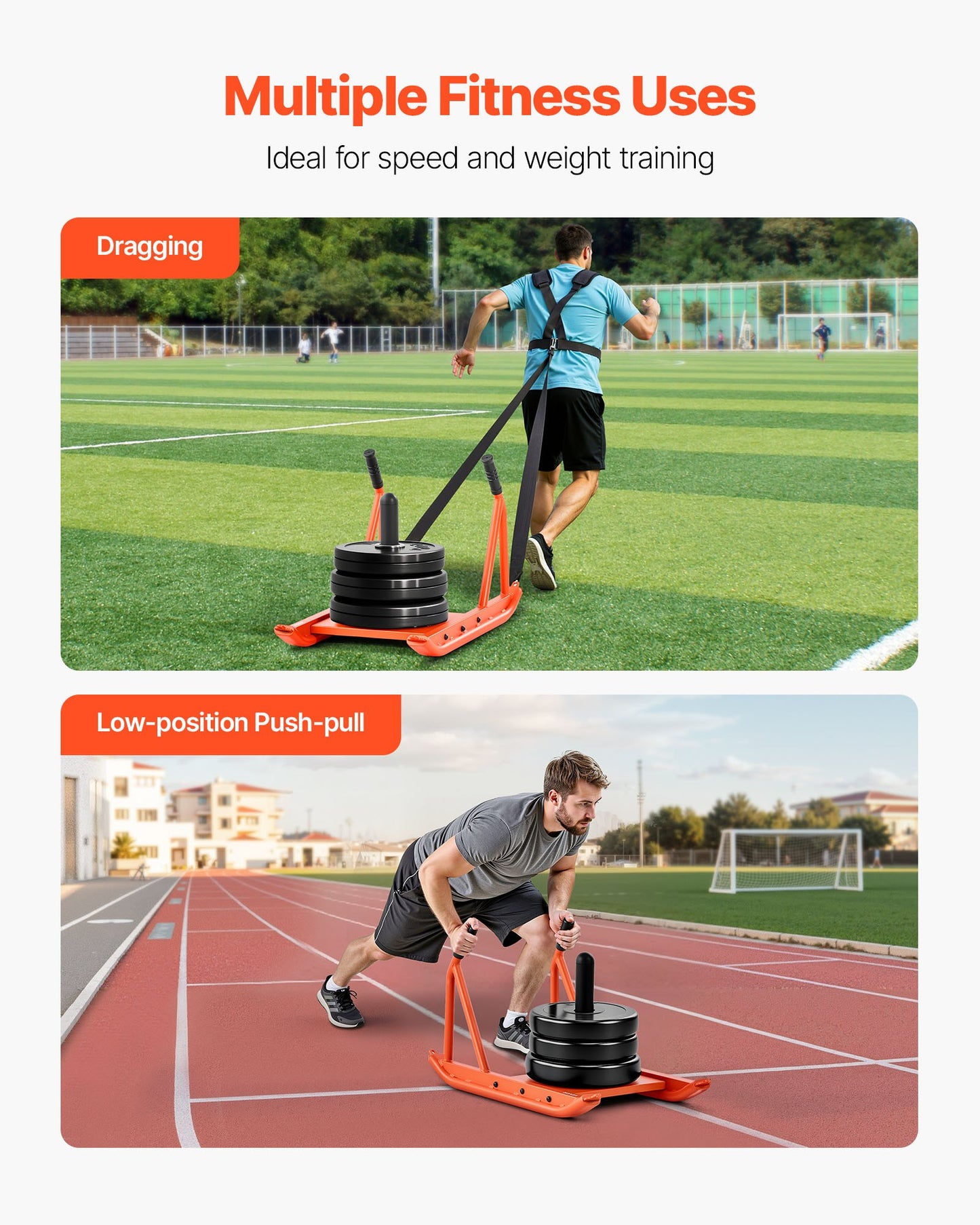 Viktkälke, Stålkraftkälke, Fitness Styrketräningskälkar för Atletisk Träning Hastighetsförbättring, Träningsutrustning med Handtag, Kompatibel med 25/51 mm Viktskivor, Orange
