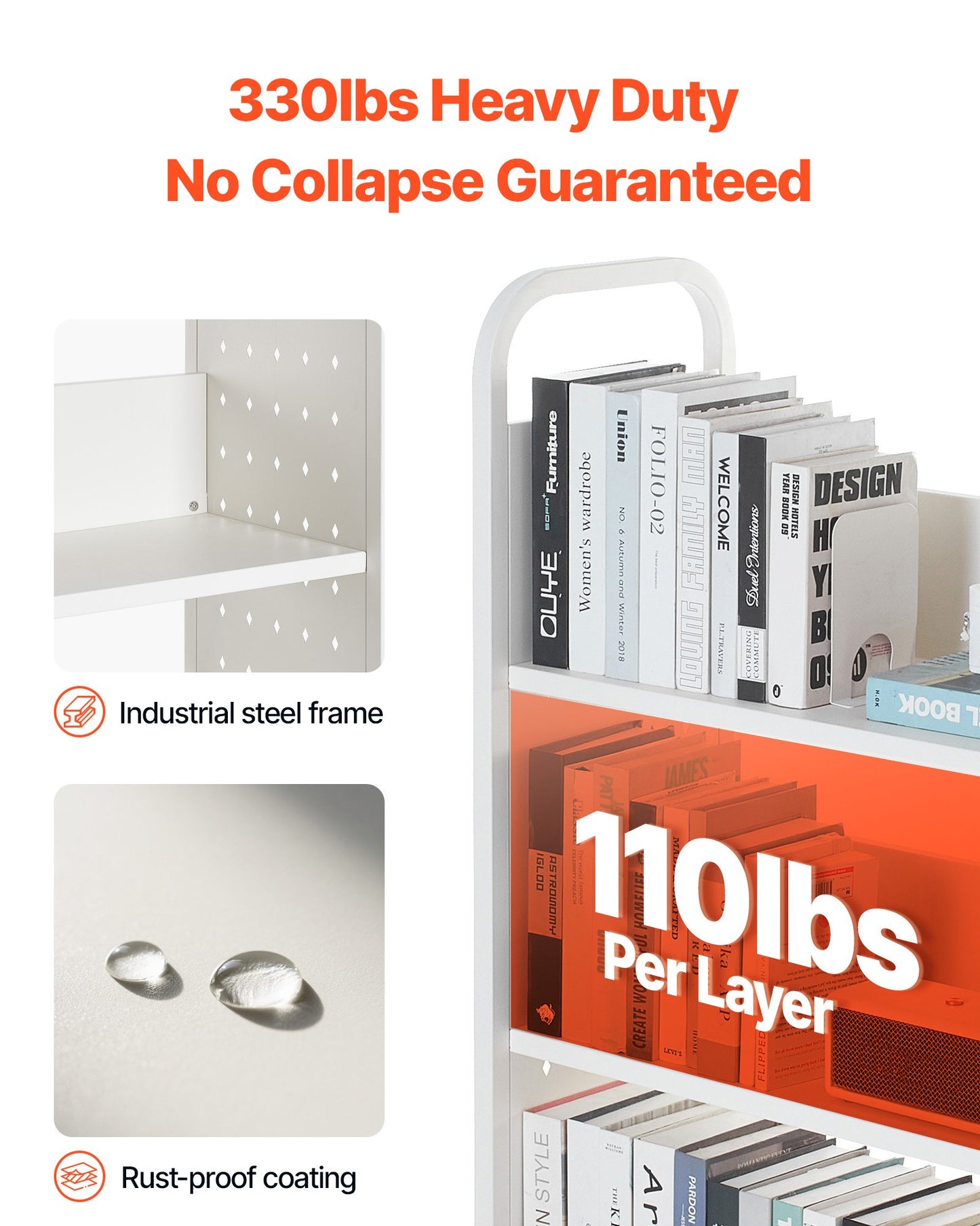 Rullande biblioteksbokvagn, 150 kg kapacitet, 77 x 38 x 122 cm biblioteksvagn, enkelsidiga L-formade hyllor med 76,2 mm låsbara hjul, bokvagn för hemhyllor, kontor och skola, vit