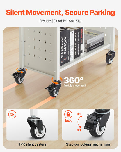 Rullande biblioteksbokvagn, 150 kg kapacitet, 77 x 38 x 122 cm biblioteksvagn, enkelsidiga L-formade hyllor med 76,2 mm låsbara hjul, bokvagn för hemhyllor, kontor och skola, vit