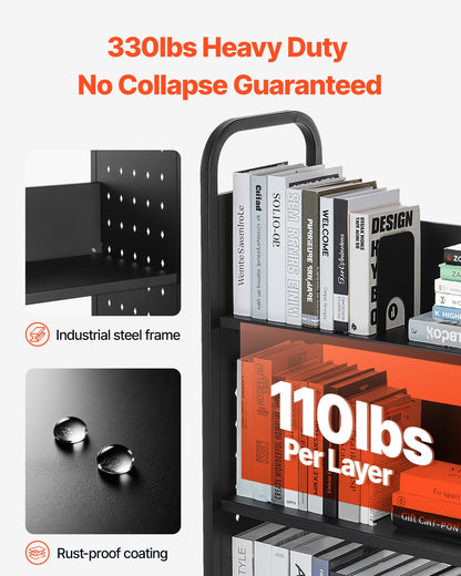 Rullande biblioteksbokvagn, 150 kg kapacitet, 77 x 38 x 122 cm biblioteksvagn, enkelsidiga L-formade hyllor med 76,2 mm låsbara hjul, bokvagn för hemhyllor, kontor och skola, svart
