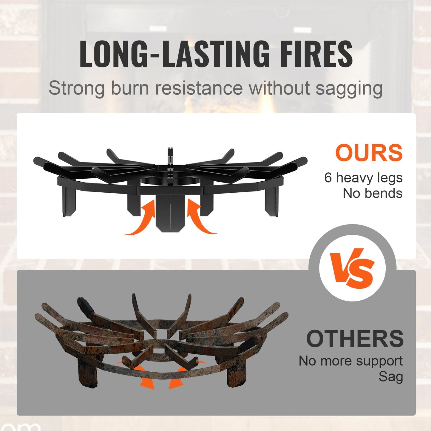 Log Grate, 27 inch Heavy Duty Wheel Fire Grate with 6 Support Legs, Solid Powder-coated Steel Bars, Log Firewood Burning Rack Holder for Wood Stove and Outdoor Camping Fire Pit