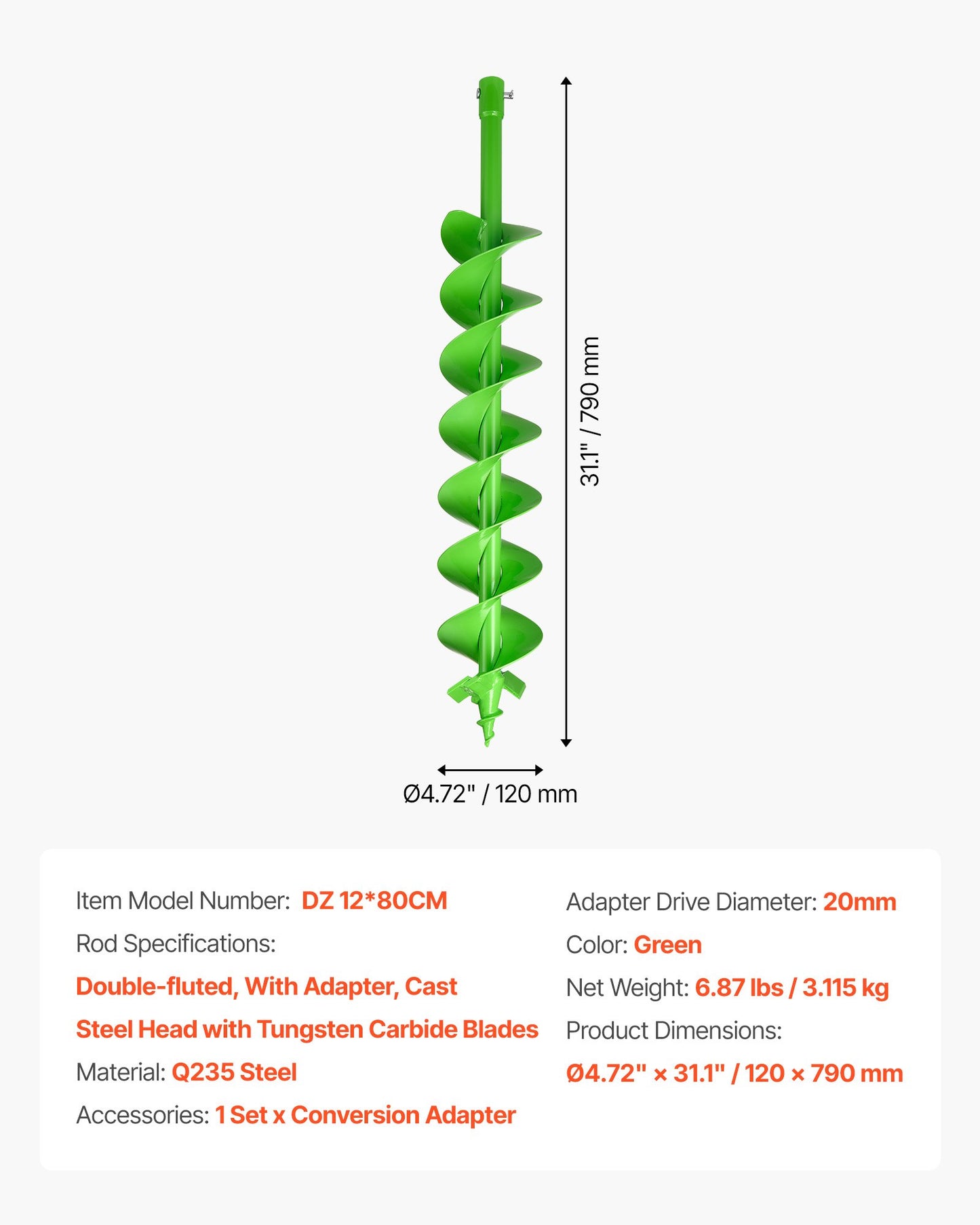 Auger Drill Bit for Planting, 120 x 790 mm Spiral Drill Bit, Compatible with 20mm ID Drive Drills, Heavy Duty Bulb Planter Tool, Post Hole Drilling Attachments for Garden Digger Fence