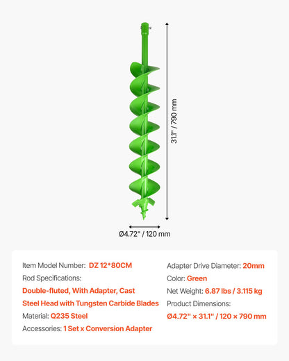 Auger Drill Bit for Planting, 120 x 790 mm Spiral Drill Bit, Compatible with 20mm ID Drive Drills, Heavy Duty Bulb Planter Tool, Post Hole Drilling Attachments for Garden Digger Fence