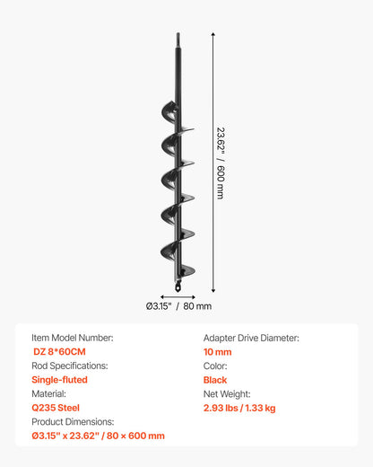 Borr för plantering, 80 x 600 mm spiralborr, för 3/8" sexkantsborrar, kraftigt verktyg för lökplantering, hålborrningstillbehör för grävning av trädgårdsstolpar och staket