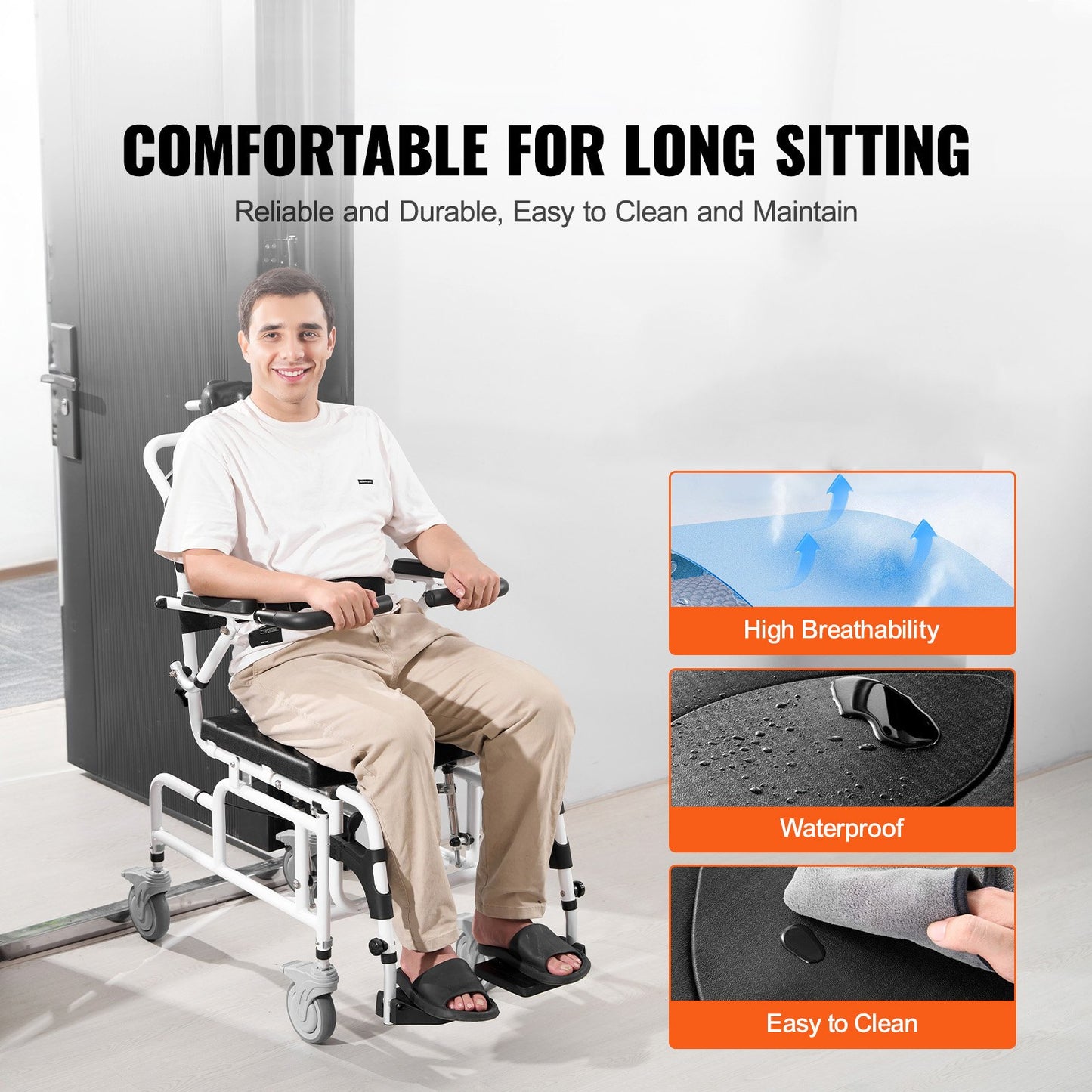 Duschrullstol 17,5 tum/44,5 cm badrumsrullstol i aluminiumlegering för vuxna med funktionsnedsättning