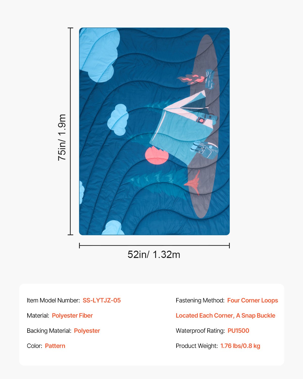 Campingfilt 1,9 x 1,32 m (75" x 52") Bärbar varm stadionfilt utomhustryckt