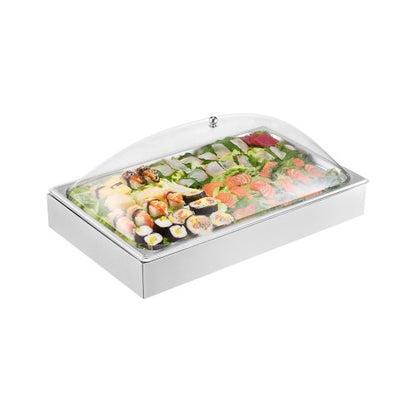 Bänkmonterad matserveringsbehållare, 1 x 1-formad serveringsbricka i rostfritt stål, buffékryddodispenser med genomskinligt båglock och 3 isbrickor, för restaurang, hotell, fest