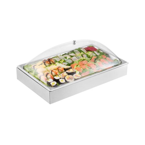 Bänkmonterad matserveringsbehållare, 1 x 1-formad serveringsbricka i rostfritt stål, buffékryddodispenser med genomskinligt båglock och 3 isbrickor, för restaurang, hotell, fest