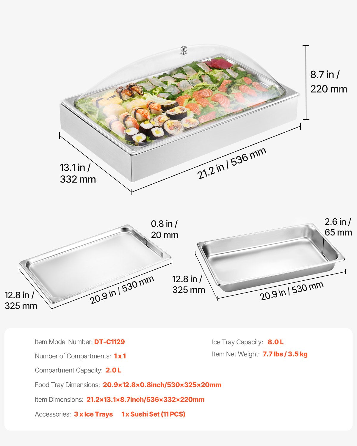 Bänkmonterad matserveringsbehållare, 1 x 1-formad serveringsbricka i rostfritt stål, buffékryddodispenser med genomskinligt båglock och 3 isbrickor, för restaurang, hotell, fest
