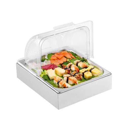 Bänkdiskbehållare för matservering, 1 x 1/2-formig serveringsbricka i rostfritt stål, displayställ för buffékryddodispenser med genomskinligt lock och isbricka, för restaurang, hotellkök, fest