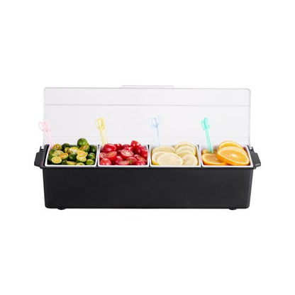 Kyld kryddserveringsbehållare, 4-facks iskall kryddserveringsbehållare, kyld garneringsbricka med lock, för bartending och servering av taco, sallad, frukt, hem- och restaurangtillbehör