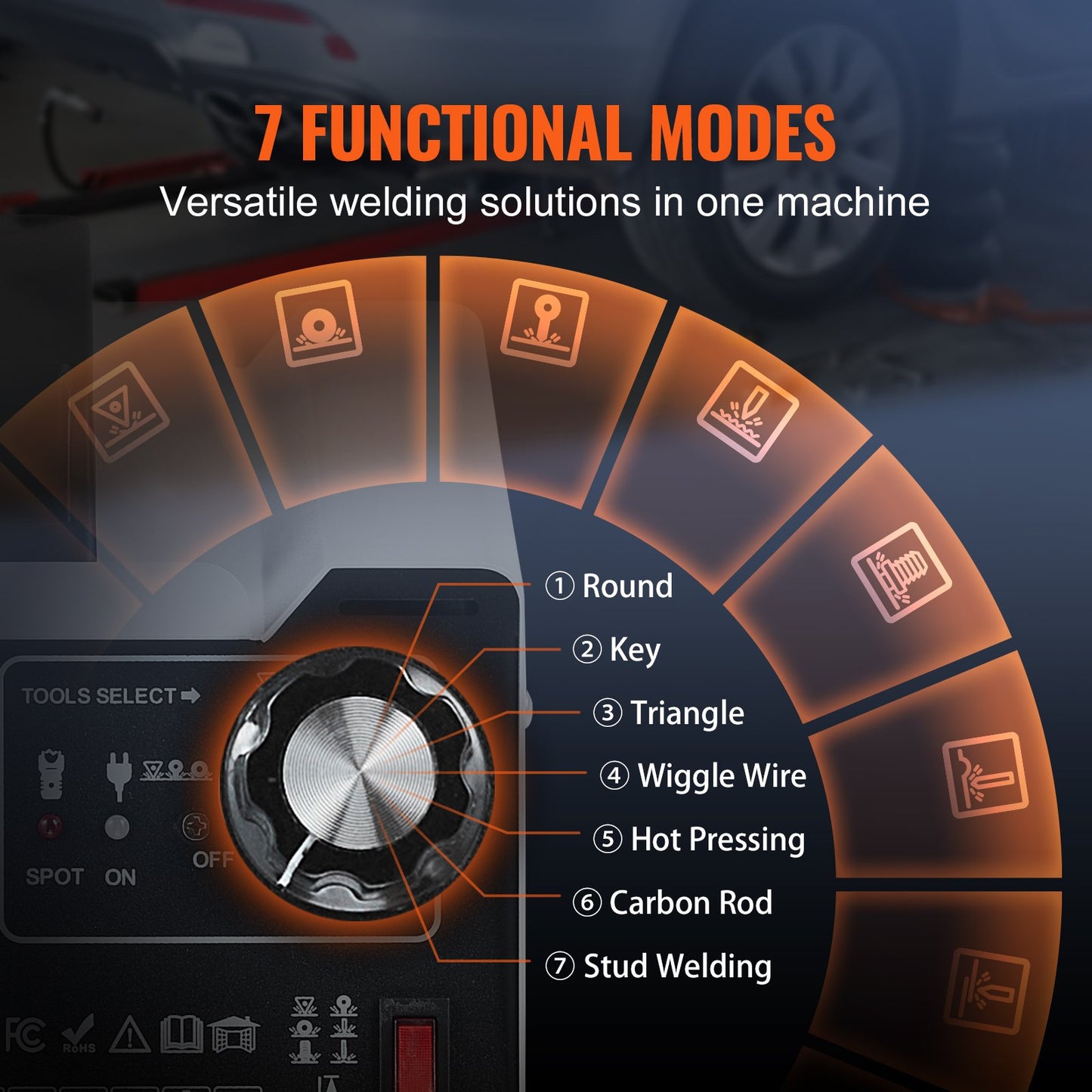 Punktsvetsnings- och bucklareparationssats för bilkarosseri, punktsvetsnings- och bucklaborrningsmaskin med 7 svetslägen och justerbar effekt, 1,8 kW punktsvetsnings- och bucklaborttagningsverktyg för bil- och lastbilsreparation