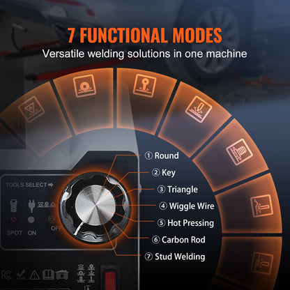 Punktsvetsnings- och bucklareparationssats för bilkarosseri, punktsvetsnings- och bucklaborrningsmaskin med 7 svetslägen och justerbar effekt, 1,8 kW punktsvetsnings- och bucklaborttagningsverktyg för bil- och lastbilsreparation