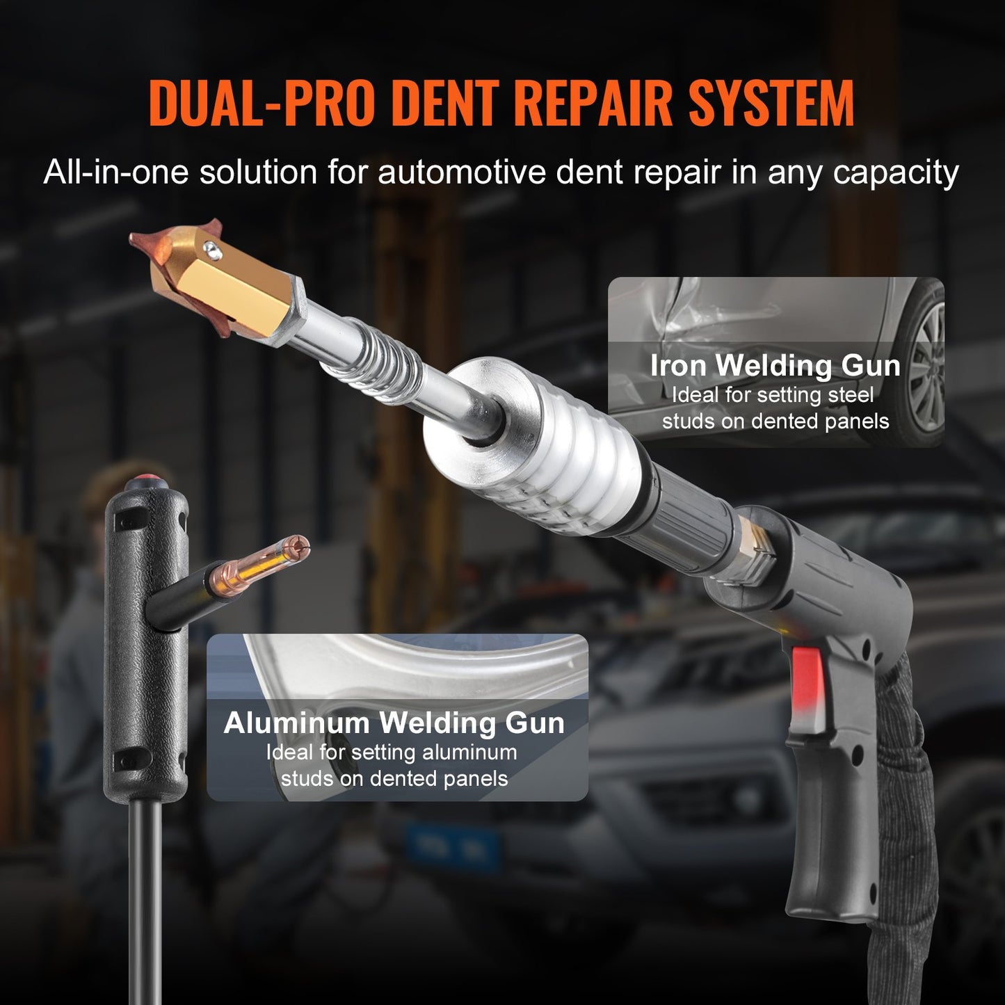 Dual Pro Stud Welder Deluxe AL/Fe bucklor reparationskit, professionell 5KW svets med automatisk/manuell svetsning och 10 lägen, punktsvetsmaskin för bucklor reparation av stål och aluminium bilpaneler