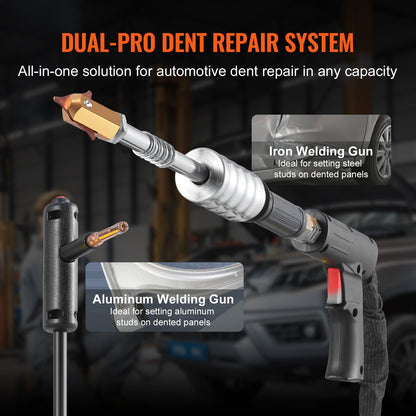 Dual Pro Stud Welder Deluxe AL/Fe bucklor reparationskit, professionell 5KW svets med automatisk/manuell svetsning och 10 lägen, punktsvetsmaskin för bucklor reparation av stål och aluminium bilpaneler