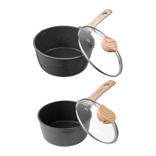 Kastrullset, 1,5 QT och 2,5 QT nonstick-kastrull med glaslock, mångsidiga såsgrytor med avtagbara handtag, kastrull för kök med beläggning, induktionskompatibel, svart